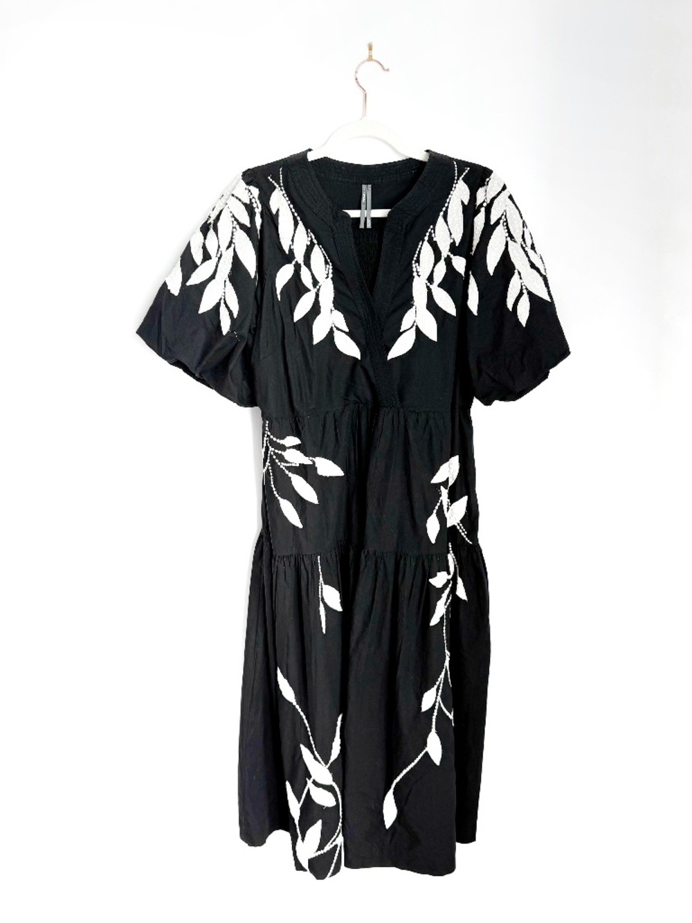 Anthropologie Black White Embroidered Appliqué Midi Dress XL